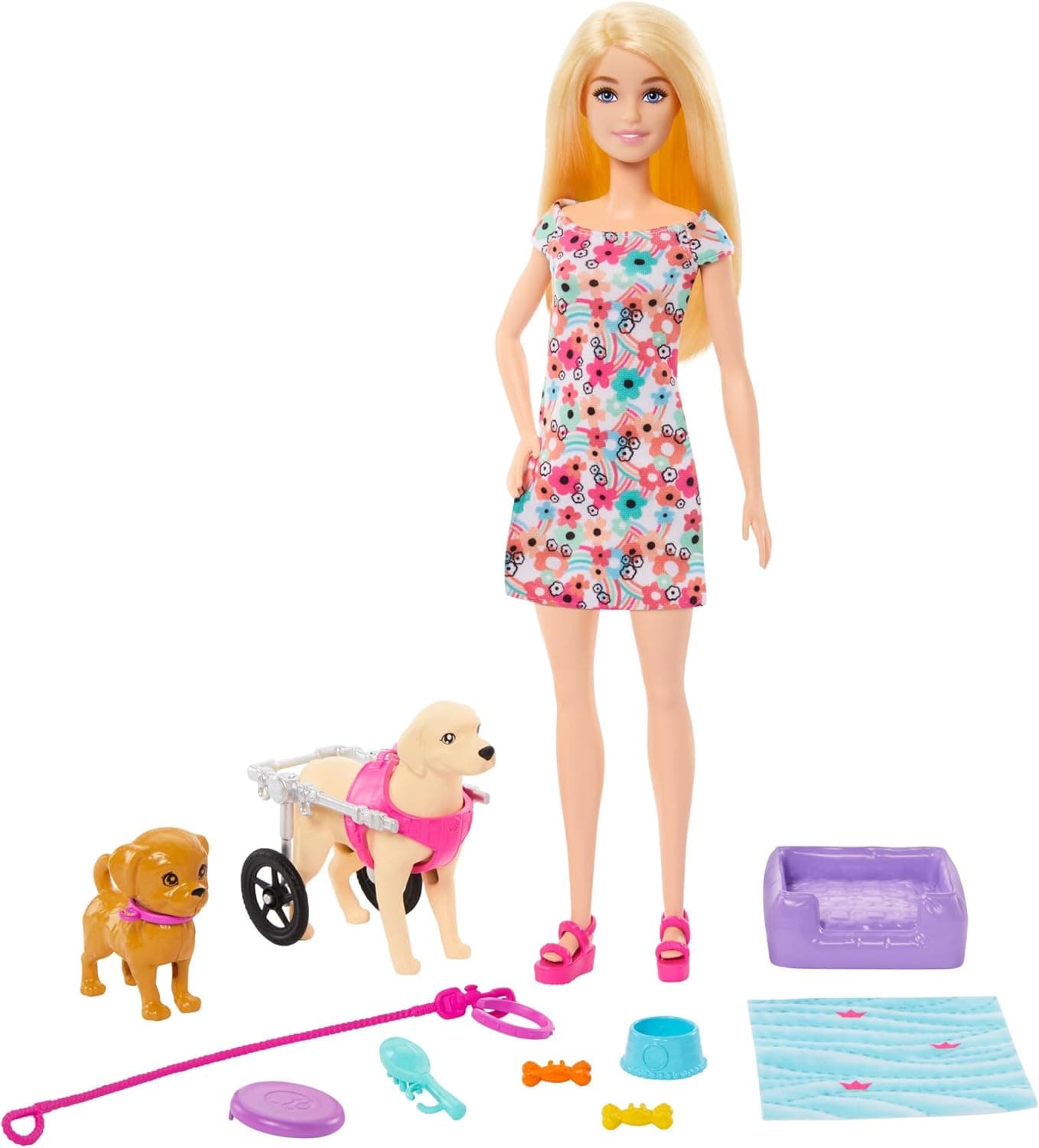 Barbie Boneca loira passeadora de cão com cadeira de rodas removível, com 2 animais de estimação e acessórios, brinquedo + 3 anos (Mattel HTK37)