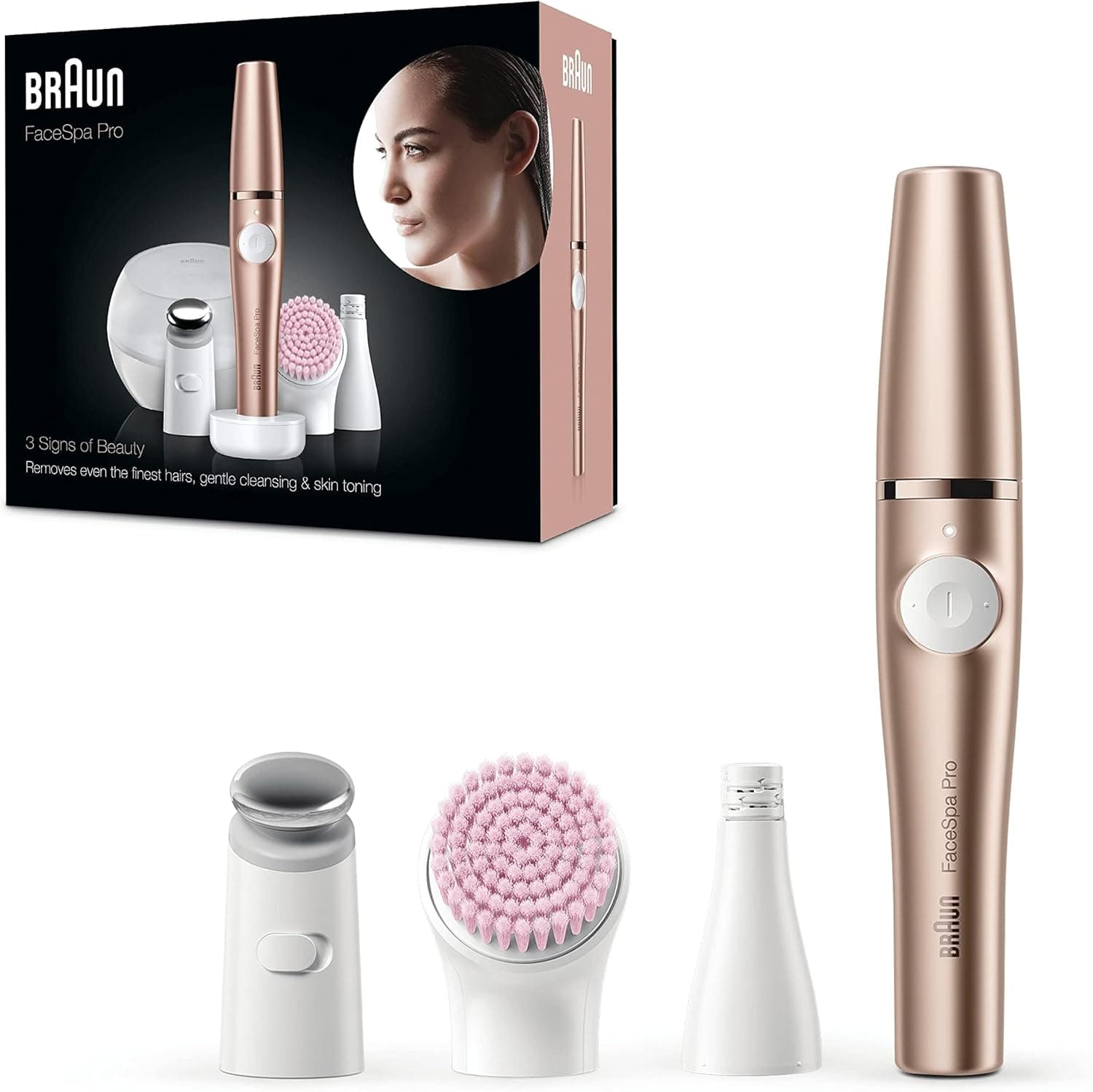 Braun FaceSpa Pro Depiladora elétrica facial para mulher, tudo em 1, com escova de limpeza, base de carregamento, capa portátil, sem fios, 921, bronze