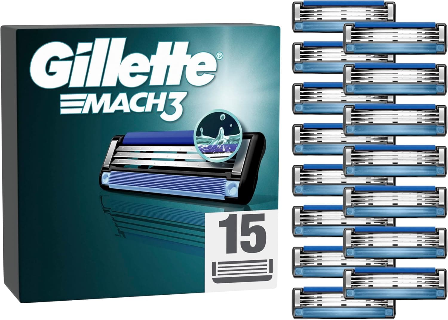 Gillette Mach3 Base Pack de 15 peças sobressalentes para máquinas de barbear para homem, lâminas de barbear com 3 folhas e faixa de lubrificante, compatível com todos os manípulos Mach3