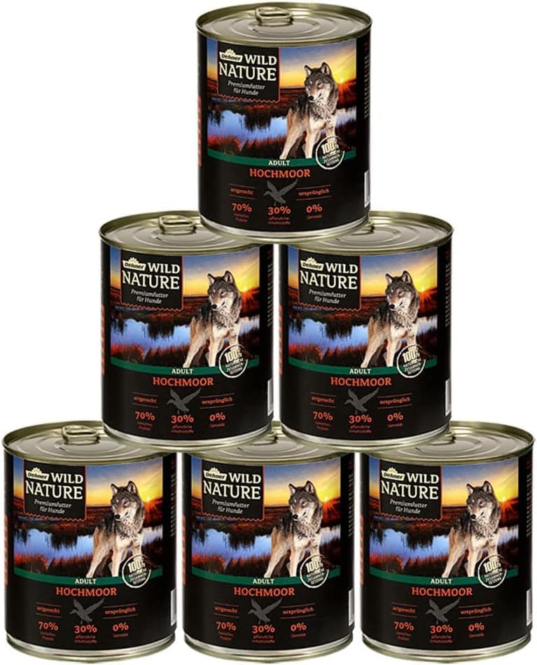 Dehner Wild Nature - Comida húmida para cães, sem cereais, sem açúcar, para cães adultos, pato, 6 latas de 800 g (4,8 kg)