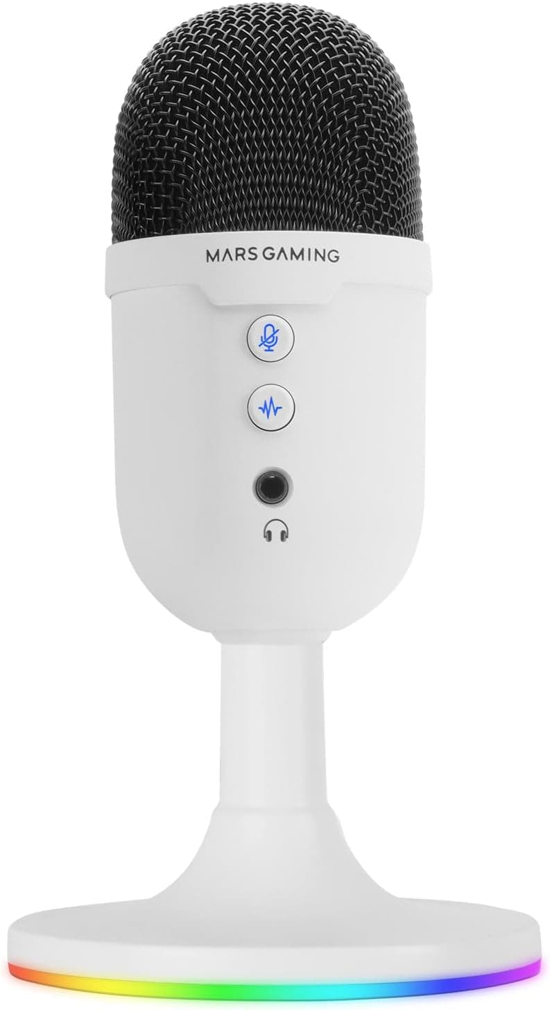 Mars Gaming MMIC-CX, microfone de estúdio profissional, design compacto ARGB, alta definição 196 kHz/24 bits, cancelamento de ruído ENC, condensador cardioide, botão mute, USB Plug&Play, jack 3,5 mm,