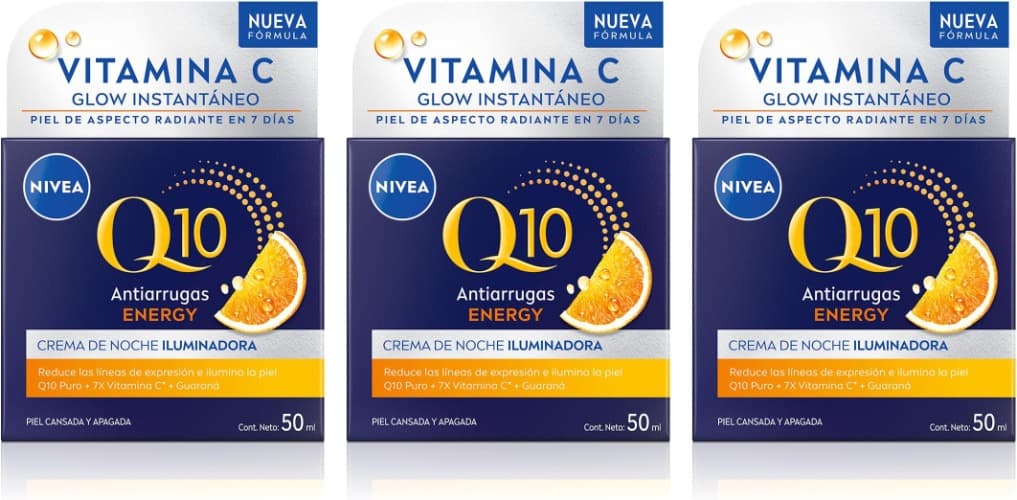 NIVEA Q10 Energy | Creme de noite antirrugas para uma pele luminosa, 50 ml x 3
