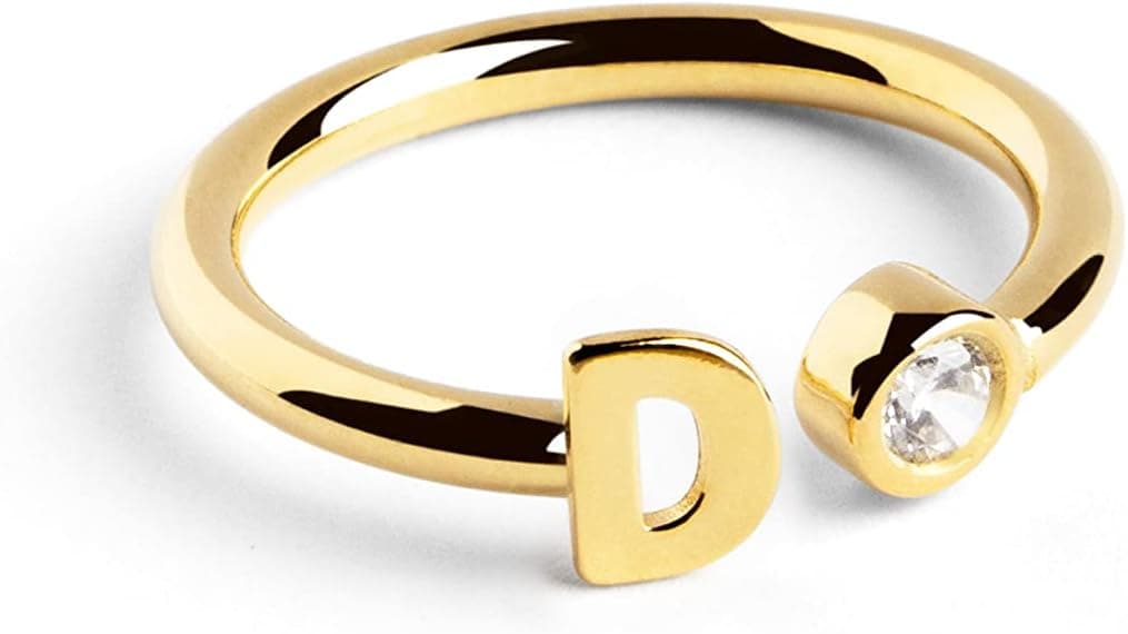 SINGULARU - Anel personalizado Letter Diamond ouro - anel ajustável - prata de lei 925 com acabamento em ouro de 18 Kt. - Tamanho único - jóias para mulher - Feito em Espanha