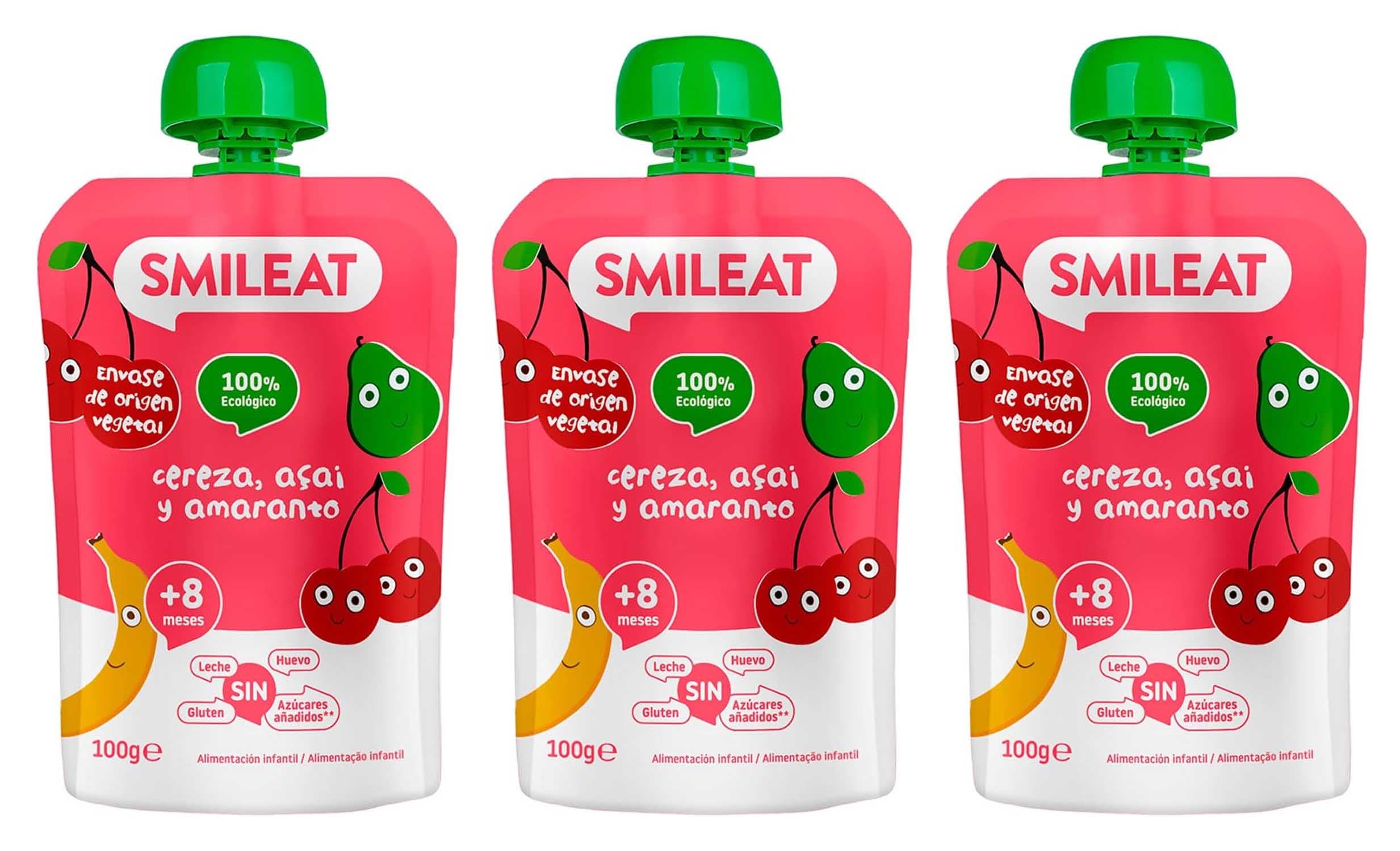 Smileat Pouch de fruta para crianças | com puré de cereja, azai e amaranto | sem leite, sem açúcar e sem glúten, puré de frutas para crianças, para bebés a partir dos 8 meses, 100 g