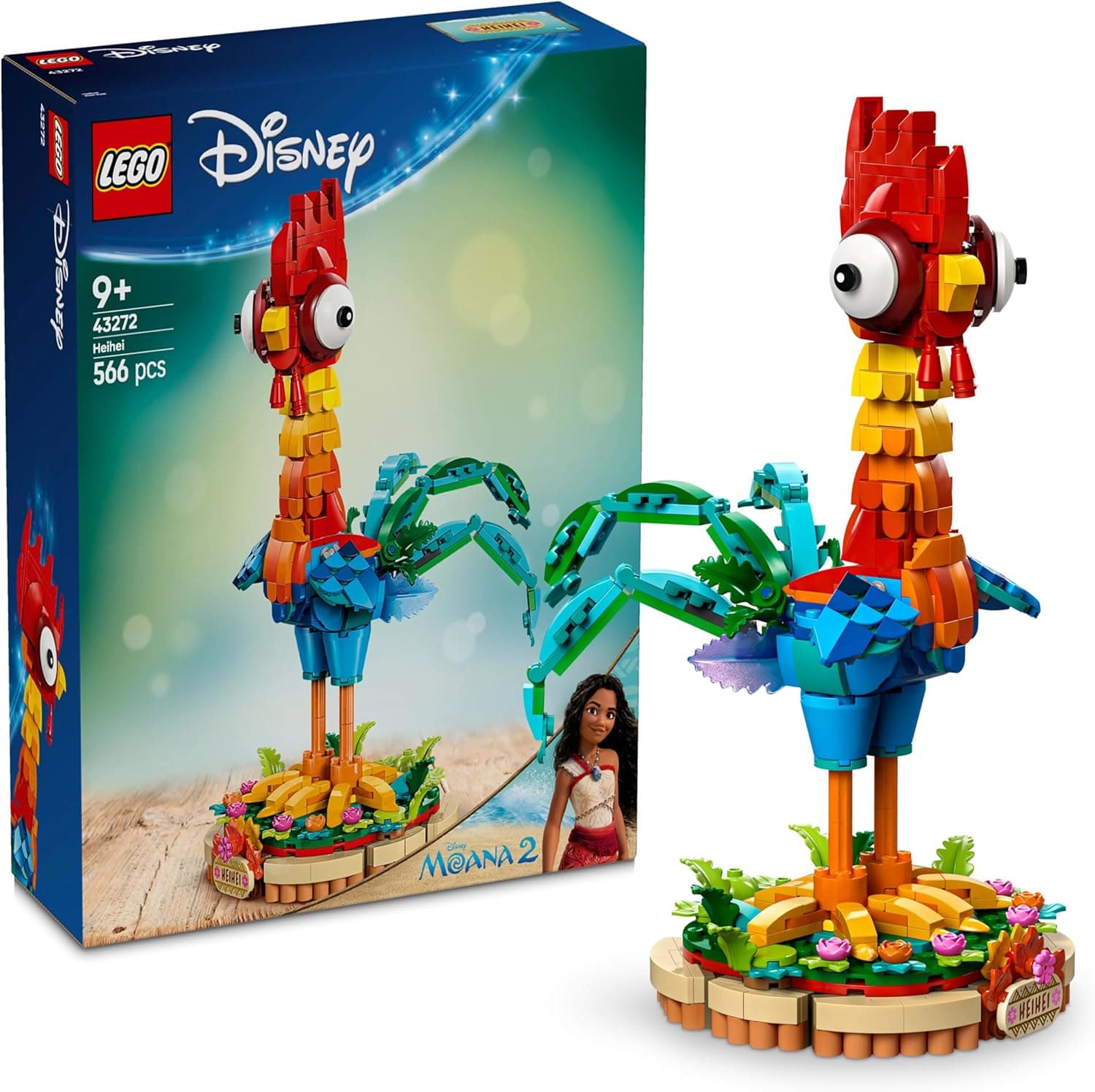 LEGO Disney Vaiana 2 Heihei brinquedo de construção - figura de animal com cabeça giratória, asas móveis e penas na cauda com base de exposição, presente para meninas de 9 anos 43272