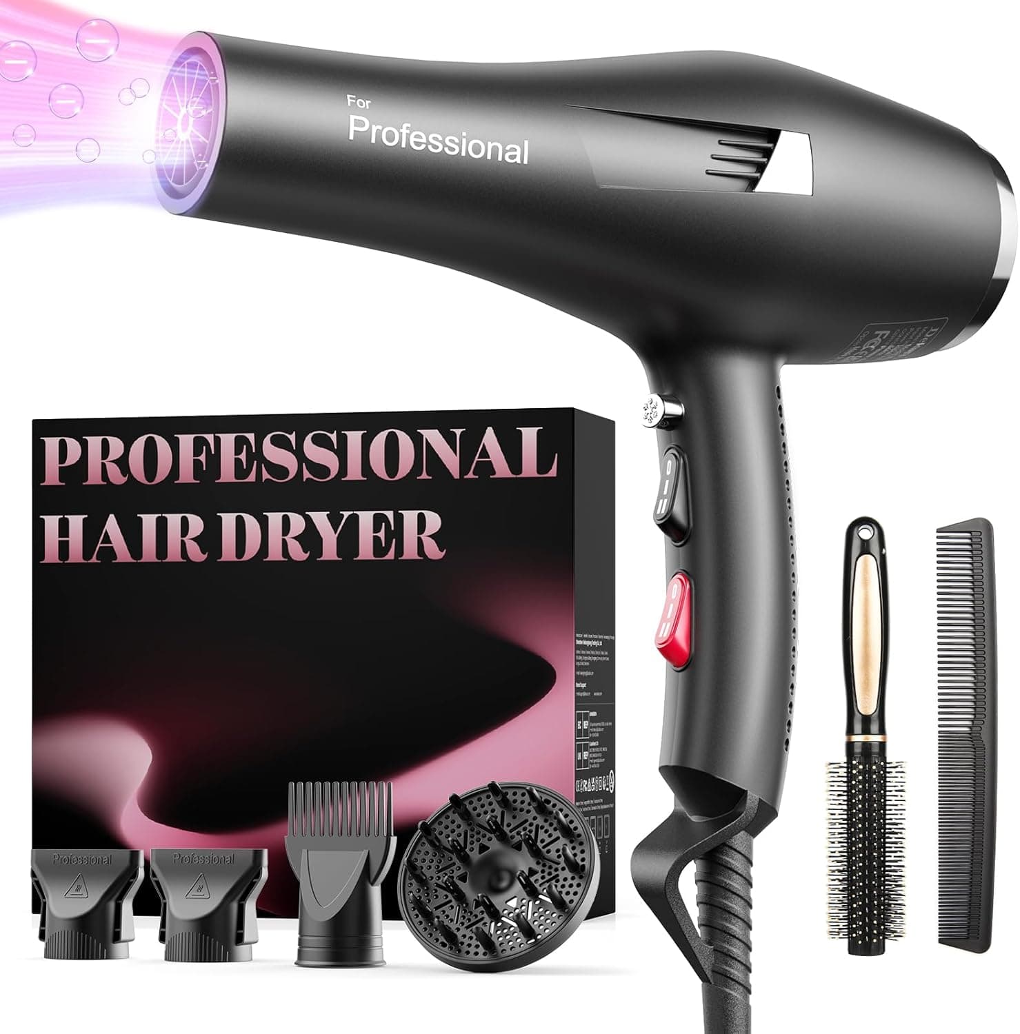 Dekuri Secador de cabelo profissional, com difusor e bicos, 3 temperaturas e 2 velocidades