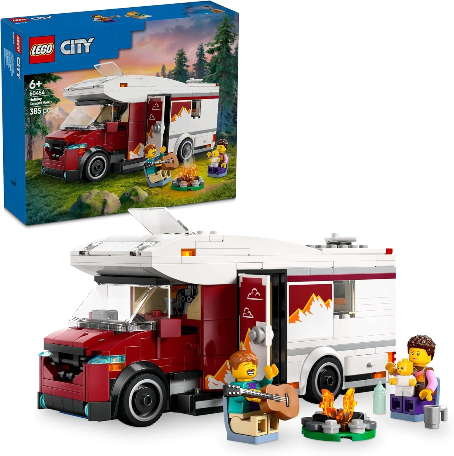 LEGO City auto-caravana aventureira de férias, de brinquedo e 3 minifiguras (mãe, pai e bebé), conjunto de viagem com guitarra e acessórios, presente para meninos e meninas de 6 anos mais 60454