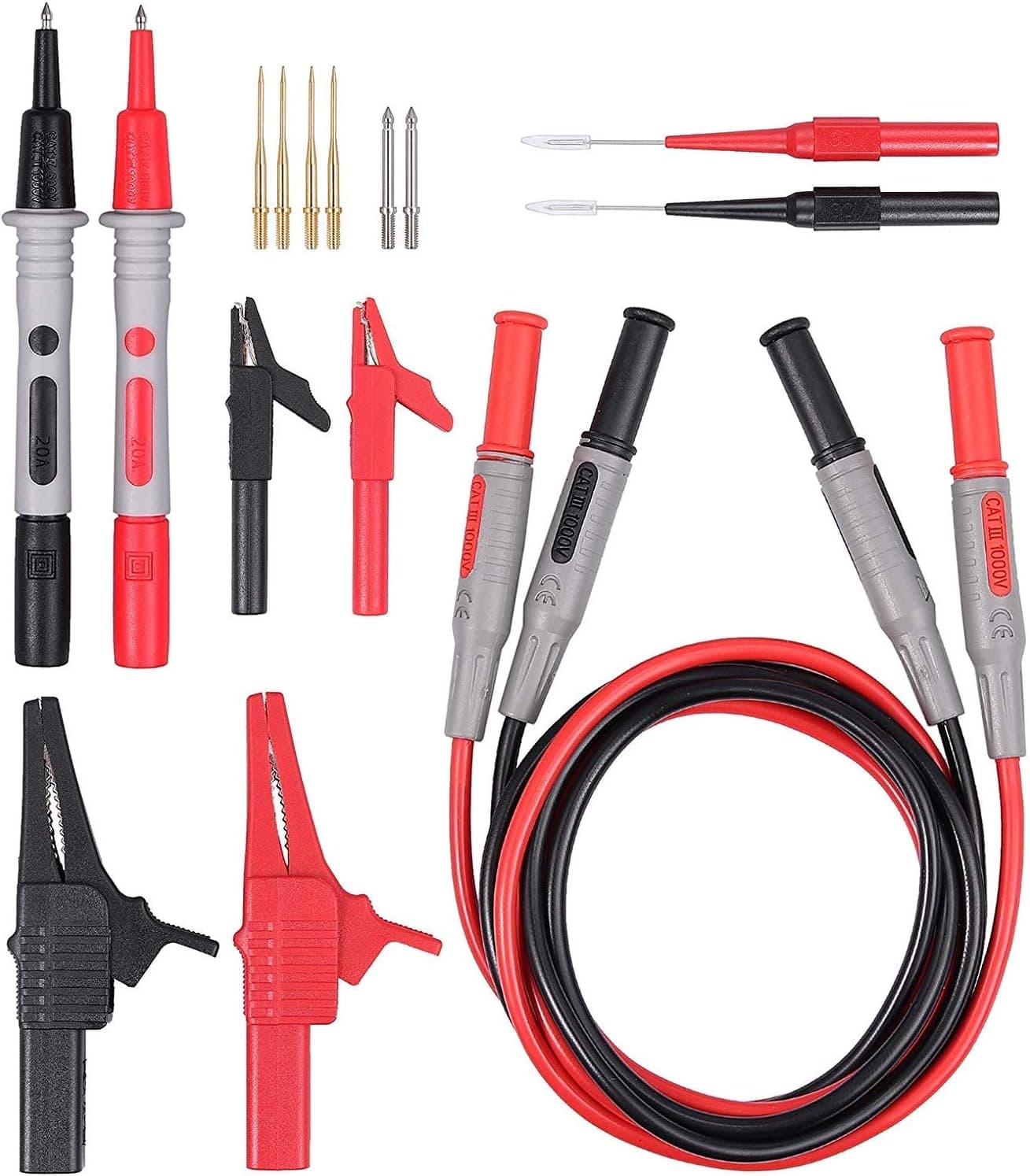 AMTOVL 18 unidades Kit de cabos de teste múltiplo CAT III 1000 V com pinças de crocodilo grandes e pequenas, ondas de agulha de aço inoxidável, pontas substituíveis