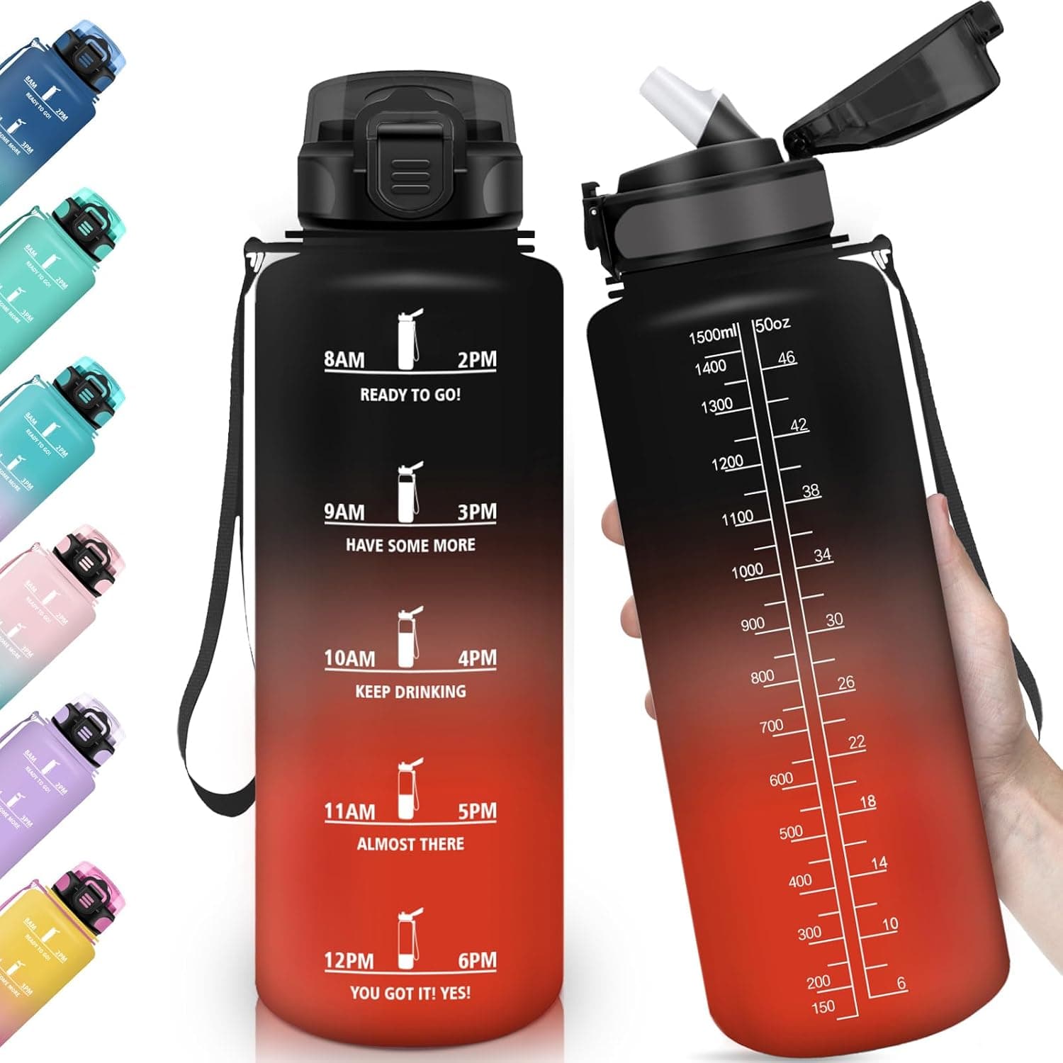 HoneyHolly Garrafa de água, 1500 ml com palha, garrafa de água, à prova de fugas, garrafa de água ginásio, marcador de tempo motivacional, garrafa, cantil para desporto, bicicleta, ginásio, escola