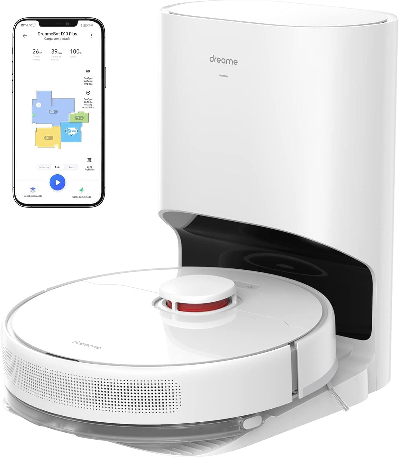 dreame D10 Plus Robot aspirador e esfregona de chão com esvaziamento automático de pó, deteção de obstáculos navegação LiDAR, sucção 4000 pa, 170 min bateria, Wi-Fi/App/Alexa, cor branca