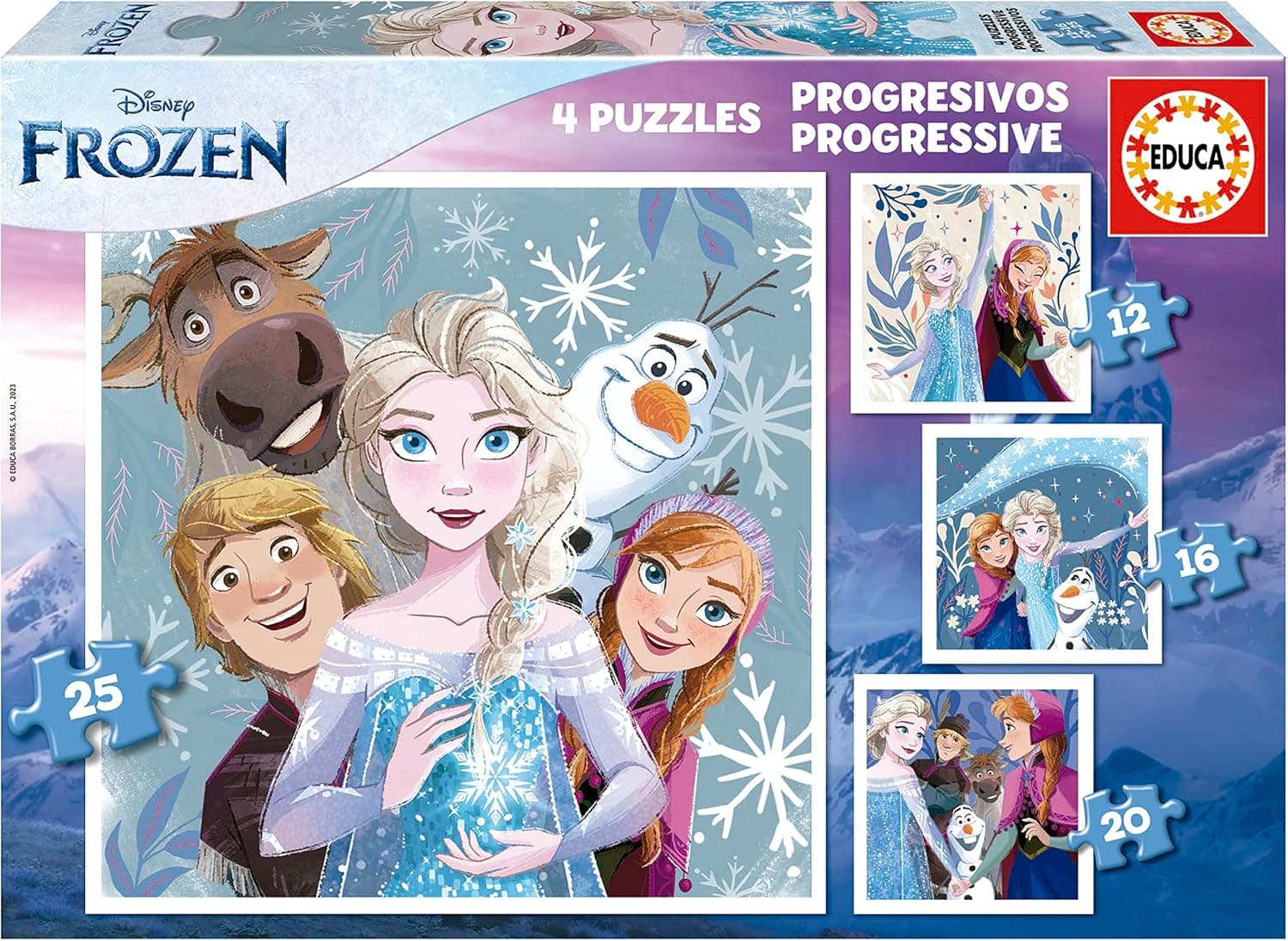 Educa - Conjunto de 4 puzzles infantis progressivos de 12 a 25 peças com imagens de Frozen e seus amigos. Medidas: 16 x 16 cm. Recomendado a partir de 3 anos (19735)