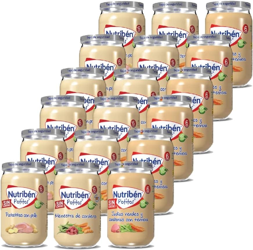 Nutribén Pacote de 18 mestras de cordeiro | frango com batatas, feijão verde e cenoura com vitela, sem adição de açúcares, sem glúten, ovo, leite - a partir dos 6 meses, 18 x 235 g