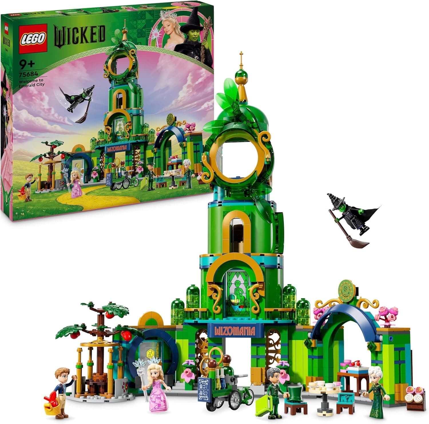 LEGO Wicked Bem-vindos a Emerald City, brinquedo de coleção com torre, mini bonecas de Glinda e Elphaba, presente para meninas, meninos e fãs de filmes musicais de 9 anos ou mais 75684