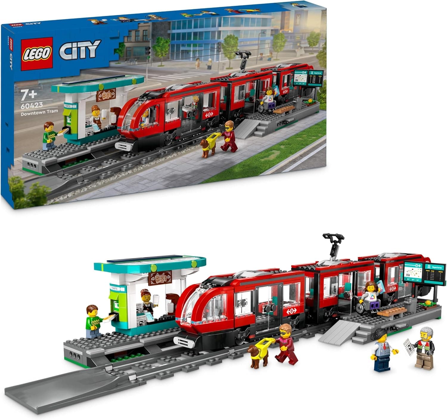 LEGO City Eléctrico e estação central, presente para meninos e meninas de 7 anos ou mais fãs de comboios de brinquedo, 6 minifiguras e figura animal de um cão guia 60423