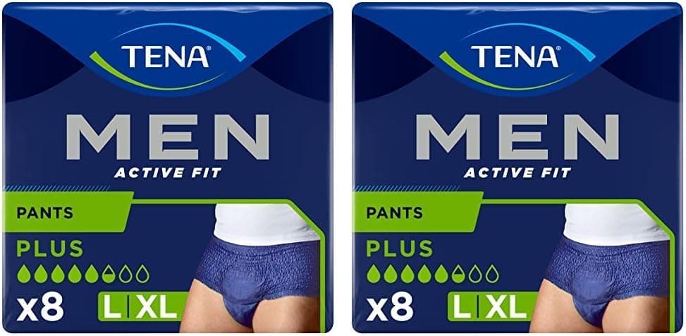 TENA Men Ative Fit, 8 - Roupa interior absorvente para homem - para incontinência moderada - máxima discrição - 8 unidades - tamanho L [95 cm a 130 cm]. (Pacote De 2)