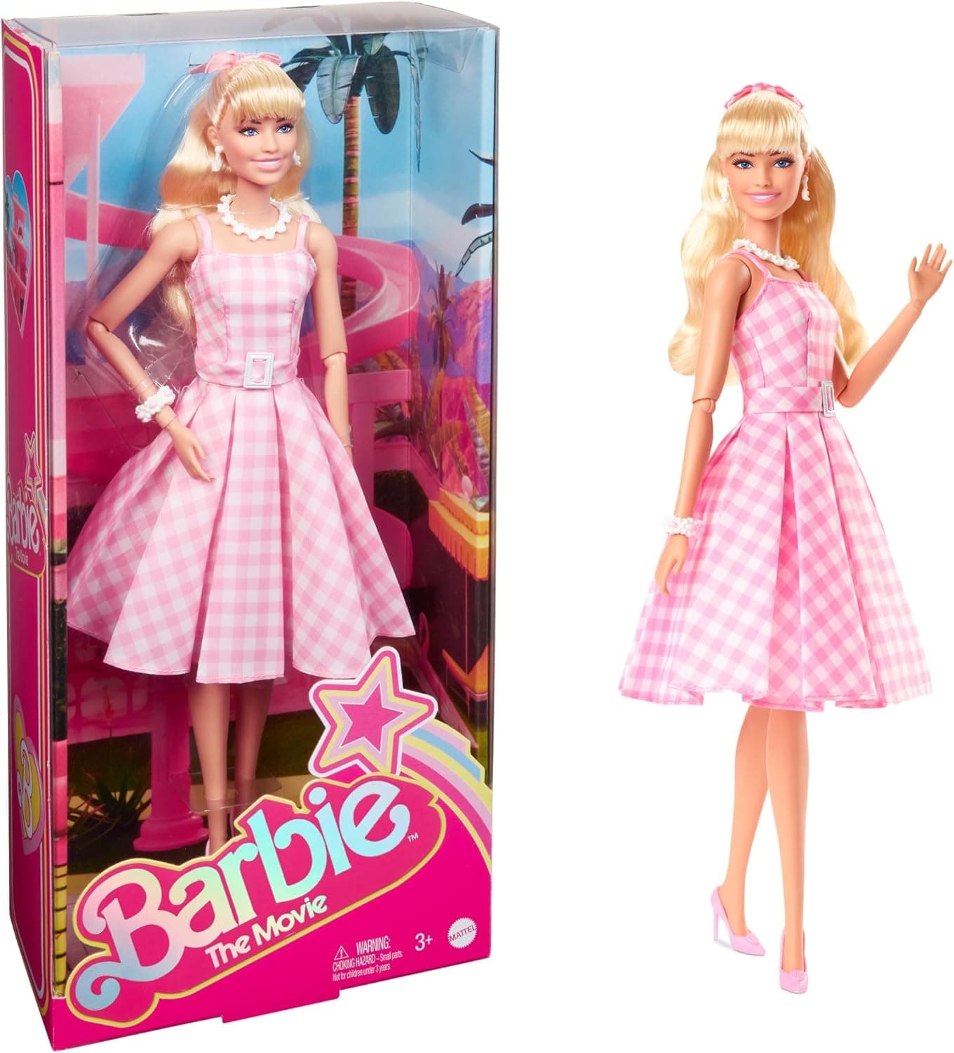Barbie The Movie - Margot Robbie boneca Signature colecionável de filme, vestido vintage quadriculado, brinquedo colecionável, presente 3 anos (Mattel HPJ96)