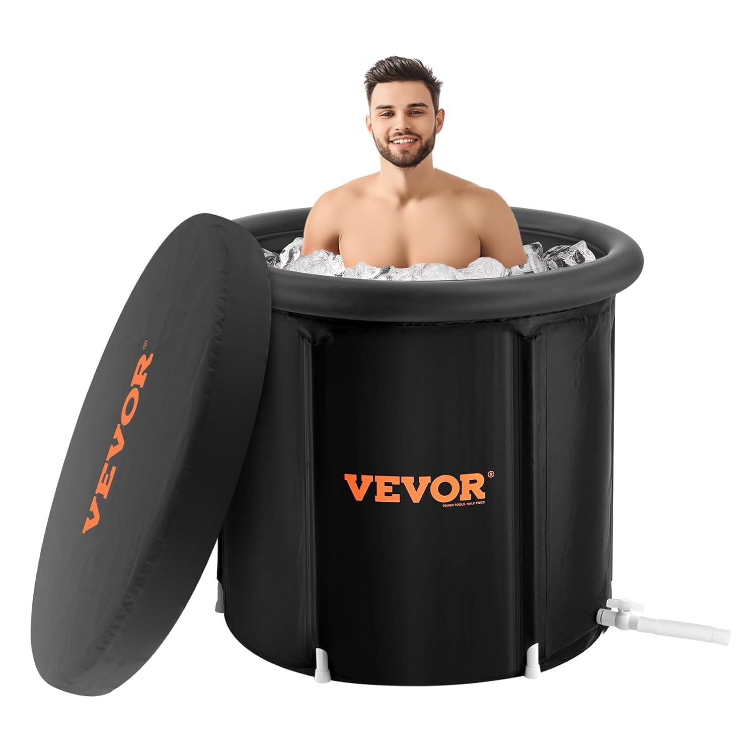 VEVOR Banheira de gelo de 850 x 750 mm para terapia de água fria para desportos, piscina de imersão portátil para exteriores com barril de gelo para recuperação, 330 L com cobertura, preto