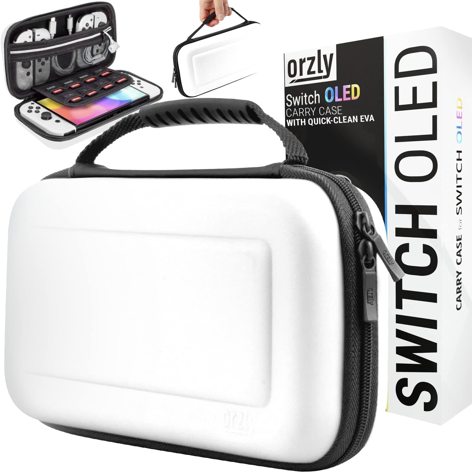 Orzly Capa de transporte para consola Nintendo Switch OLED com acessórios e compartimentos de armazenamento de jogos, capa fácil de limpar em caixa de presente