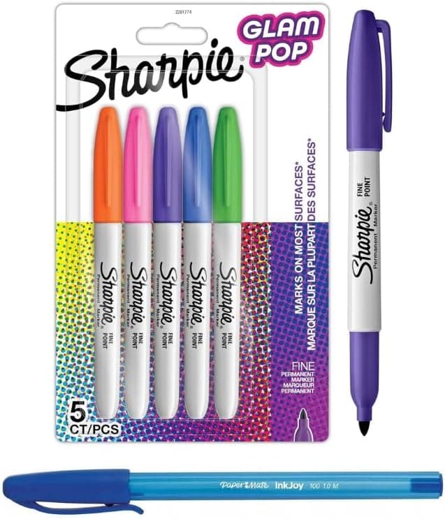 Sharpie Glam Pop Marcadores permanentes | Ponta fina para detalhes chamativos, cores vibrantes, 5 marcadores + caneta PaperMate de presente