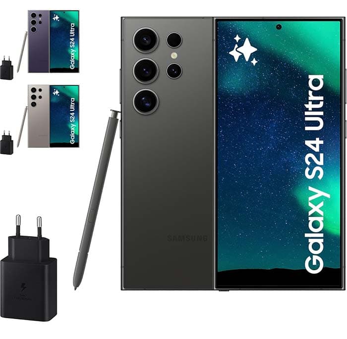 Samsung Galaxy S24 Ultra e carregador de 45W, telemóvel com IA, smartphone Android, 12 GB RAM, 512 GB de armazenamento, câmara 200 MP, S Pen, bateria longa duração, preto titânio
