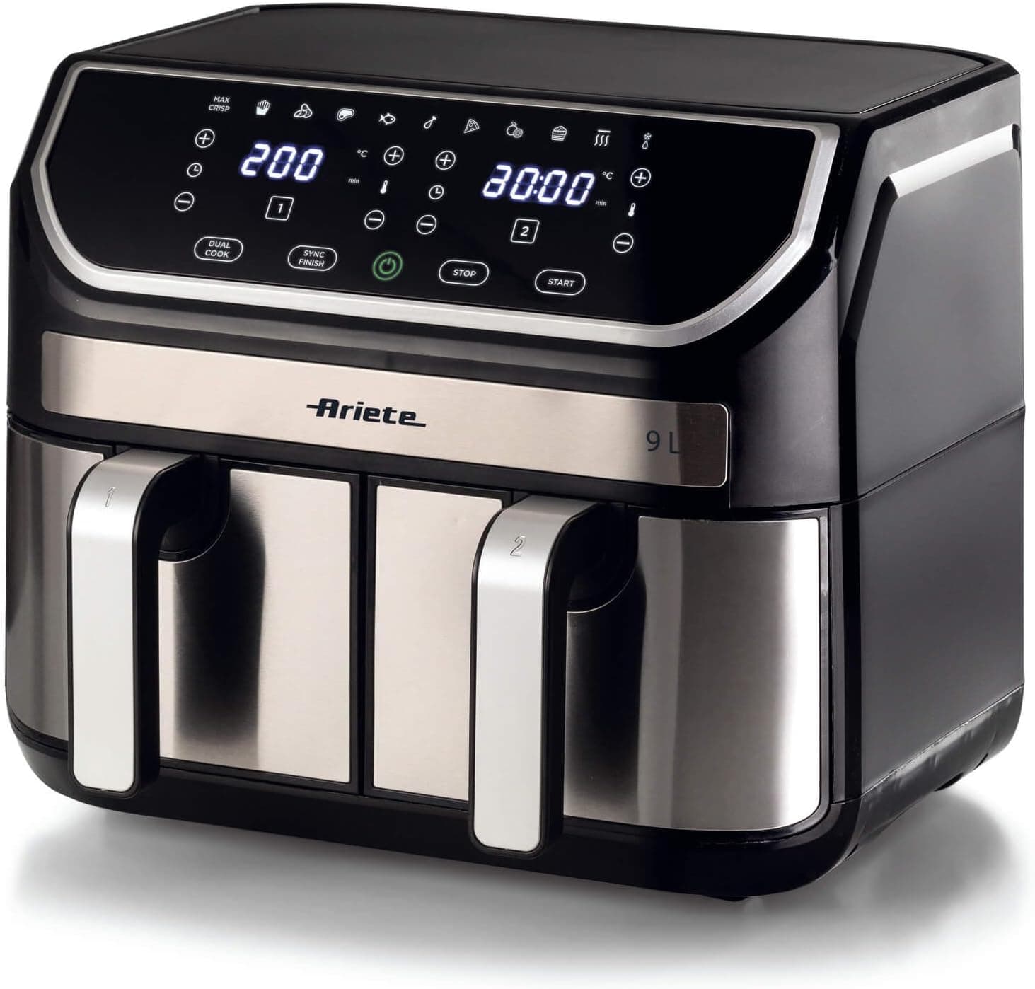 Ariete 4625 Frigideira de ar 9L, 11 programas pré-definidos, ecrã digital, máquina de lavar louça, cesta dupla, tecnologia de ar rápido, temperatura ajustável de 80 °C - 200 °C