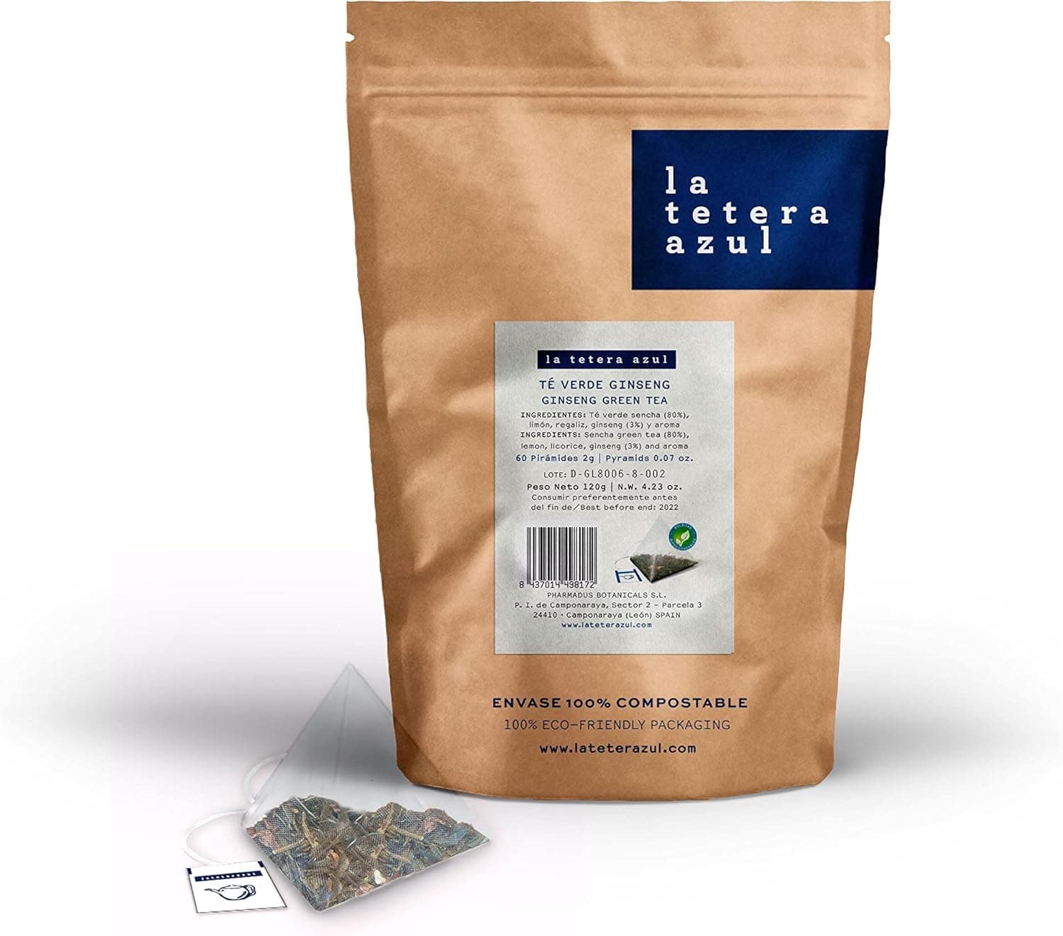 A TETERA azul chá verde Sencha Japão premium com limão, alcaçuz e ginseng. Chá verde ginseng. Saco de 60 pirâmides