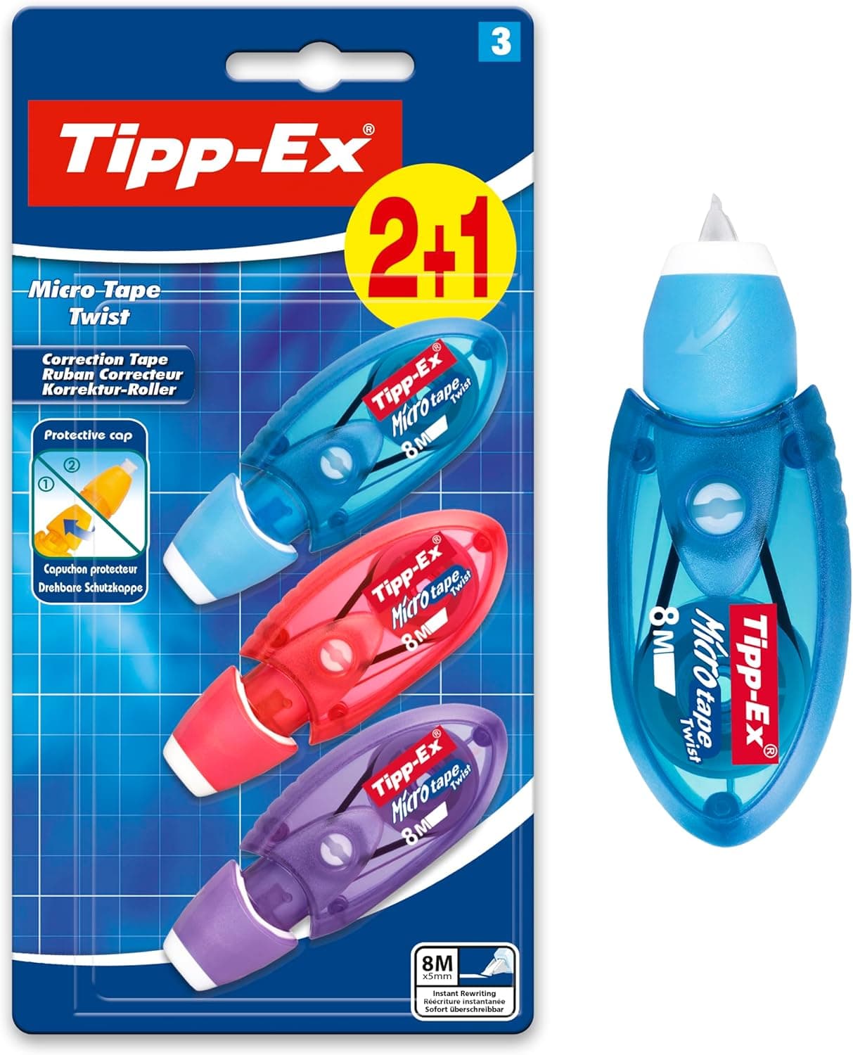 BIC Micro Tape Twist | Fita corretora com cabeça rotativa, 8 m x 5 mm, pack de 3 unidades