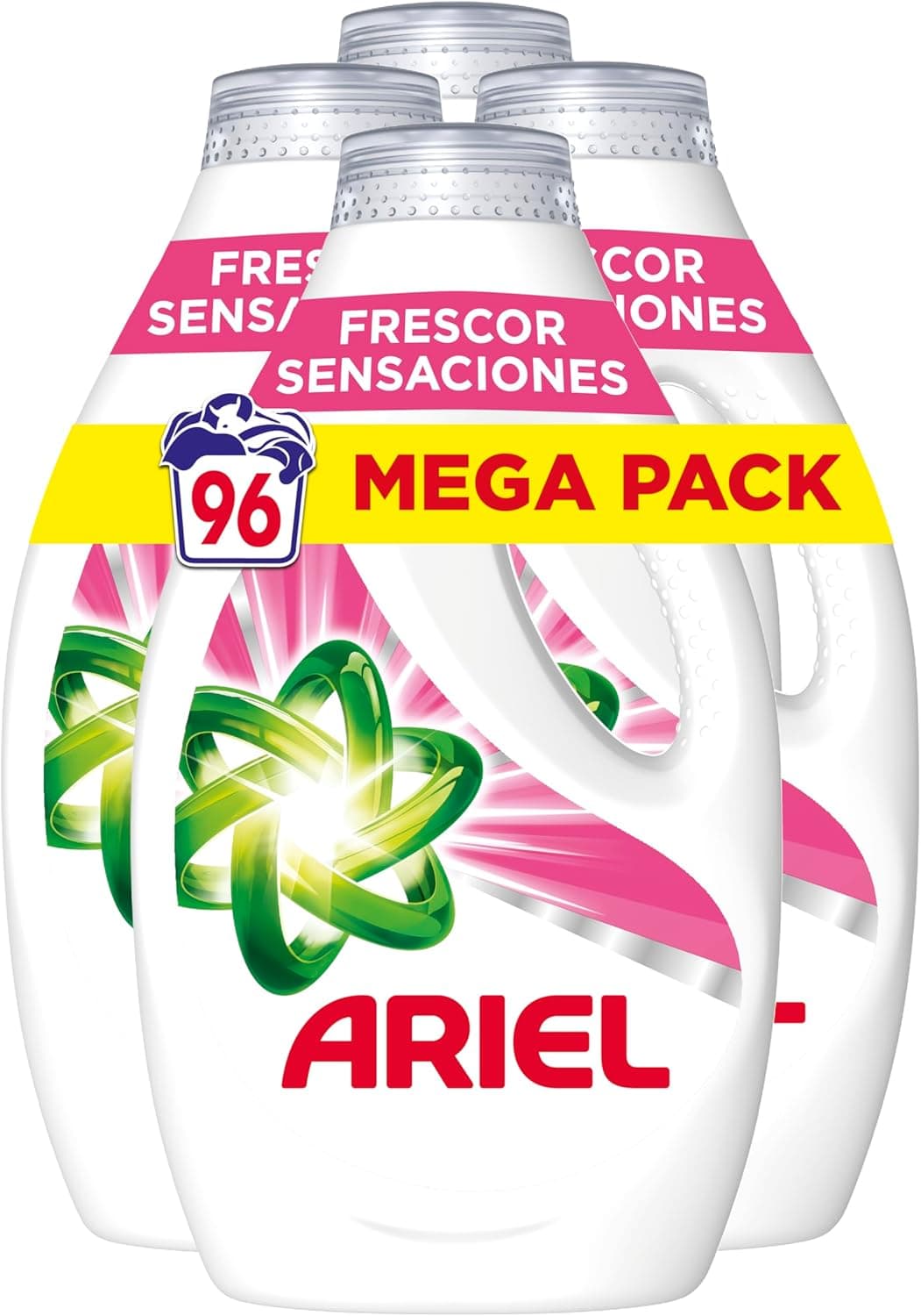 Ariel Detergente de máquina de lavar líquido, 96 lavagens, sabão Frescor sensações, limpeza melhorada em ciclos mais frios, com tecnologia exclusiva de limpeza a frio, 24 lavagens (embalagem de 4)