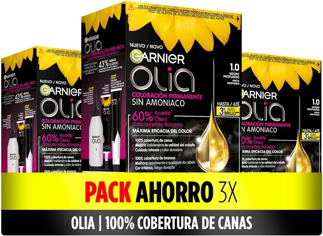 Olia Garnier Pacote de 3 cores permanentes sem amoníaco para um cheiro agradável com óleos florais de origem natural, cor tom 1,0 preto ébano