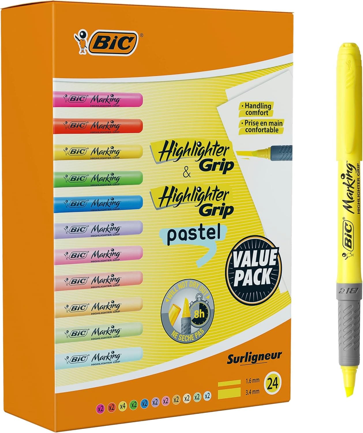 BIC Highlighter Grip | Marcadores fluorescentes ponta biselada cores intensas e pastéis, pack de 24 unidades