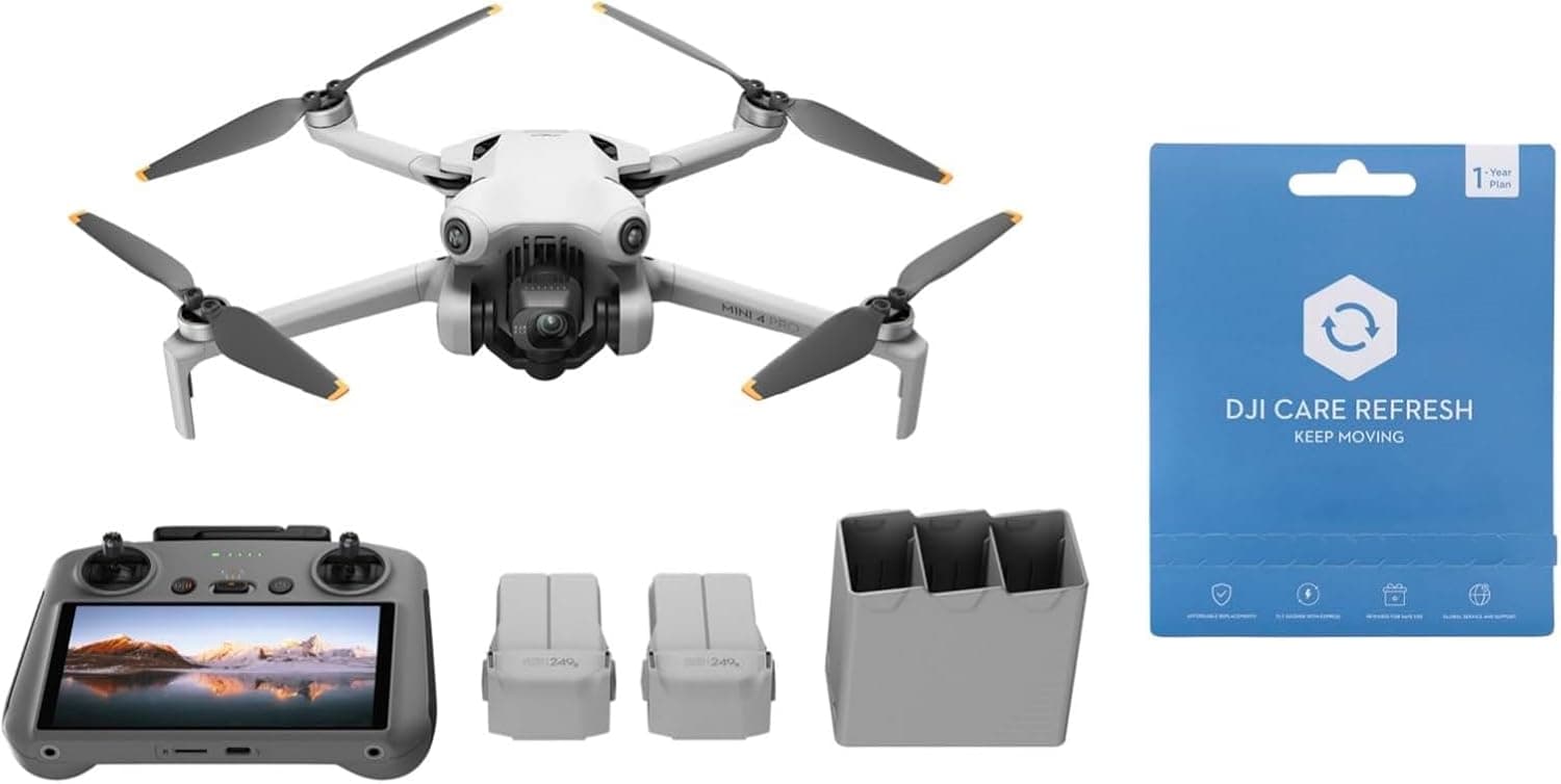 DJI Mini 4 Pro Fly More Combo com controlo remoto DJI RC 2, inclui Care Refresh (pacote de proteção de 1 ano). Mini drone dobrável com câmara 4K, peso inferior a 249 g, 2 baterias adicionais