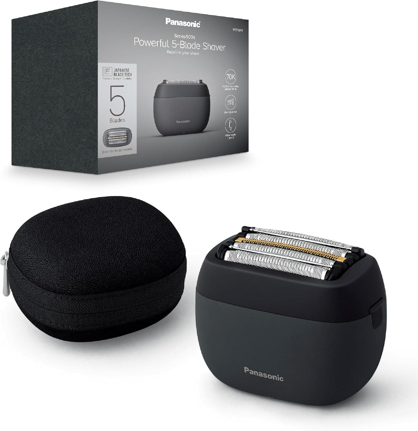 Panasonic ES-PV3B-K803 Série 900s máquina de barbear, máquina de barbear elétrica de 5 folhas para uso seco e húmido para homens, sensor de barba responsivo, USB-C, estojo de transporte, preto mate