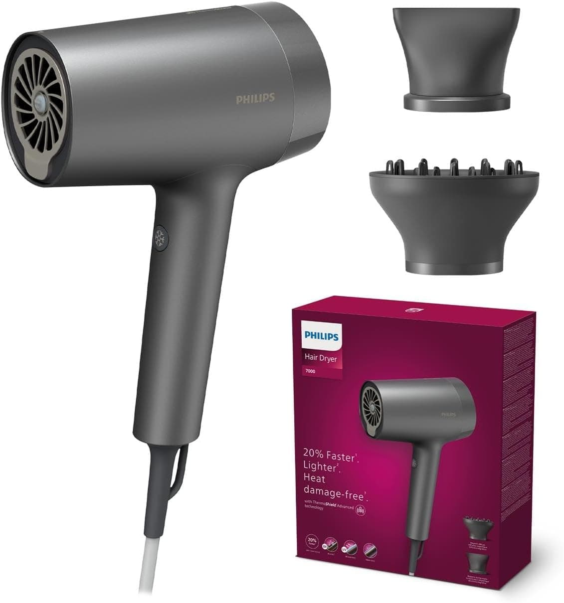 Philips Secador série 7000, secagem e moldagem fácil, tecnologia ThermoShield Advanced que protege contra danos causados pelo calor, iões minerais, com e difusor de 1800 W (modelo BHD713/10)