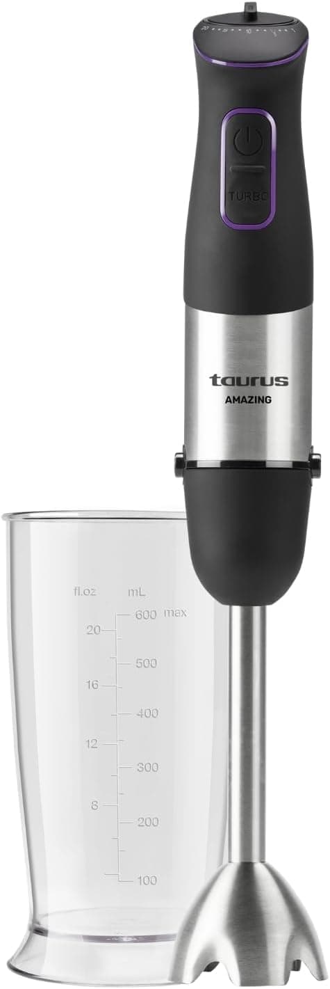 Taurus Amazing Liquidificadora de mão potente AHB1000X, 1000 W, regulador de 20 velocidades, função turbo, 4 lâminas de aço inoxidável, design ergonómico com soft-touch, inclui copo medidor, preto