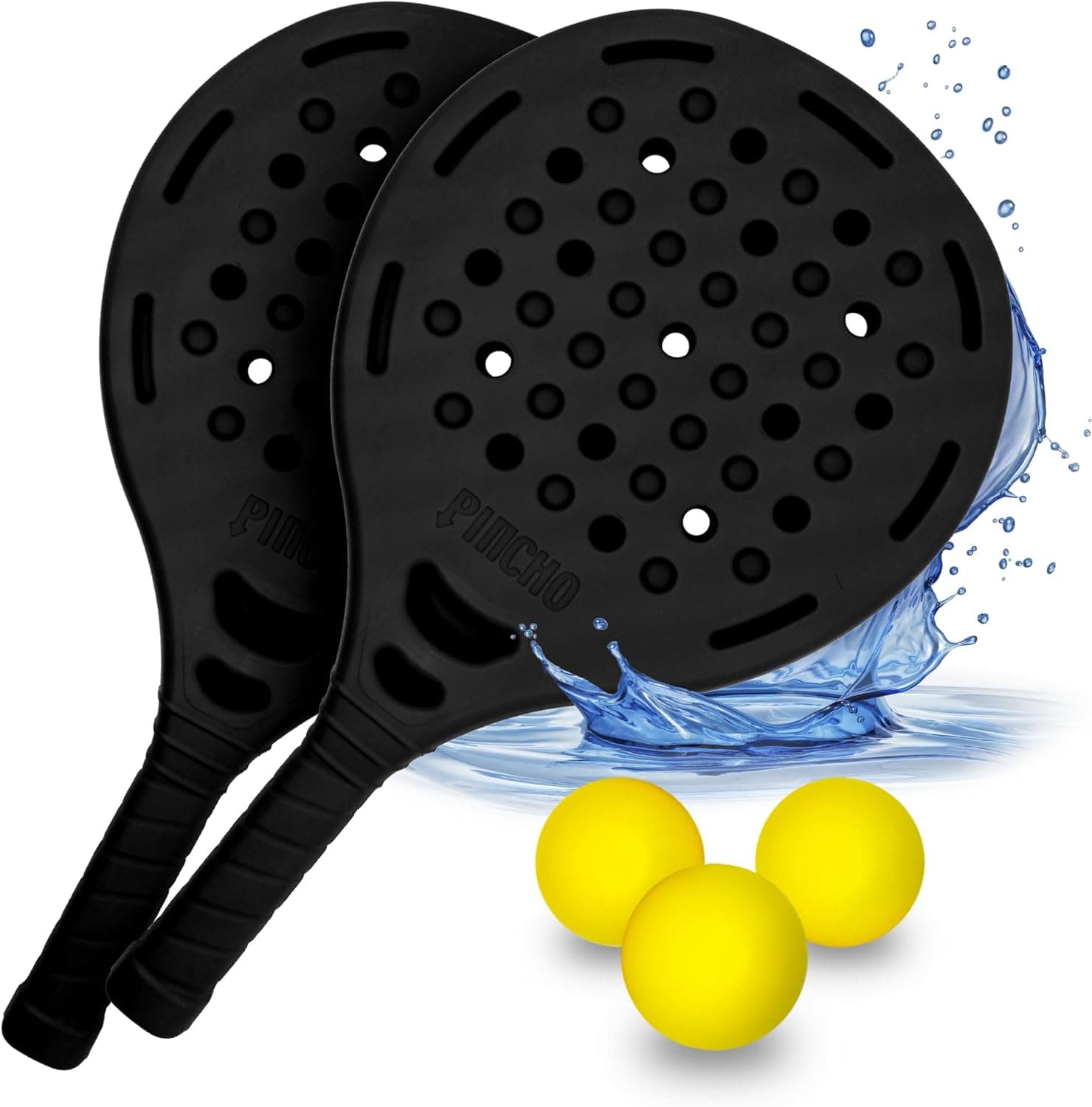 Pincho Pás de padel de praia, raquetes de praia, jogo estilo fresco, Pickleball, Beach Tennis, 2 palhetas + 3 bolas EVA, impermeável à água (preto)