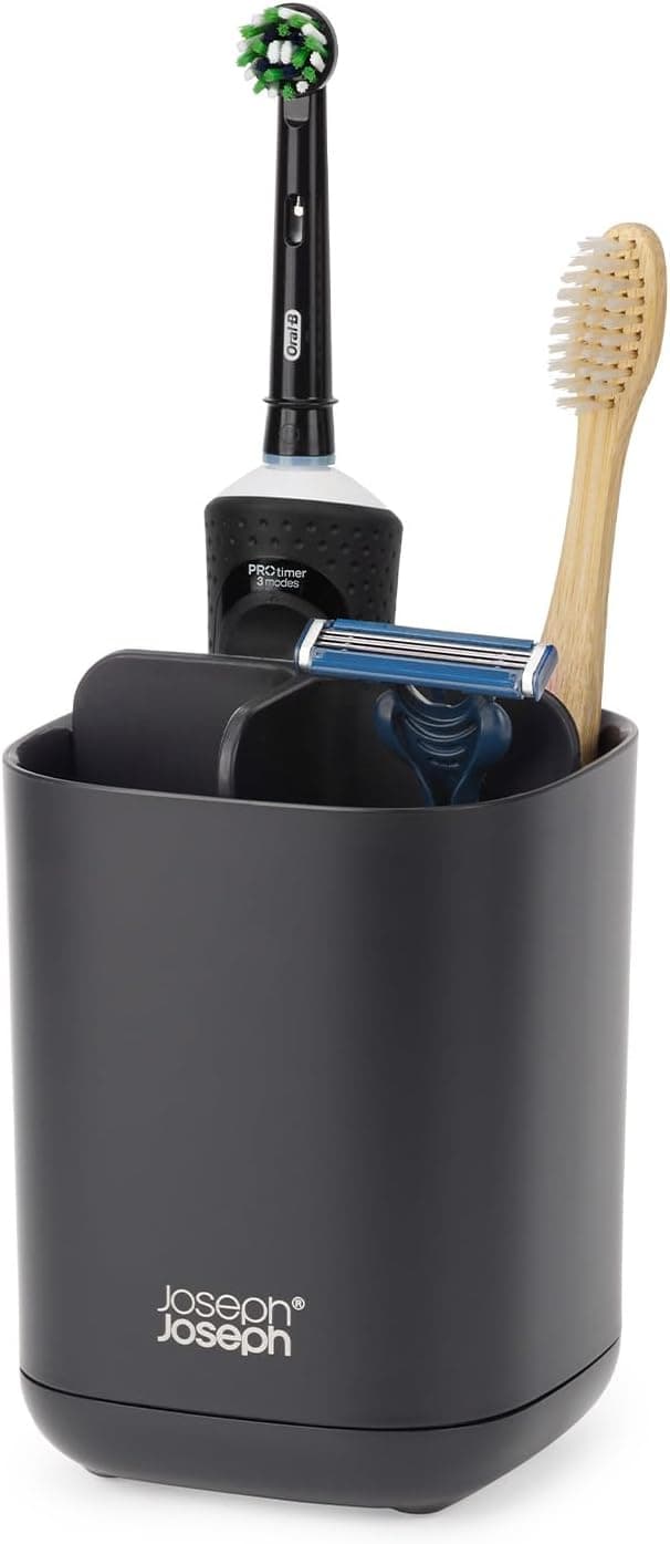 Joseph Joseph Easy-Store Suporte porta-escova e pasta de dentes, compatível com escovas elétricas e tradicionais, 3 compartimentos, armazenamento casa de banho removível, preto mate