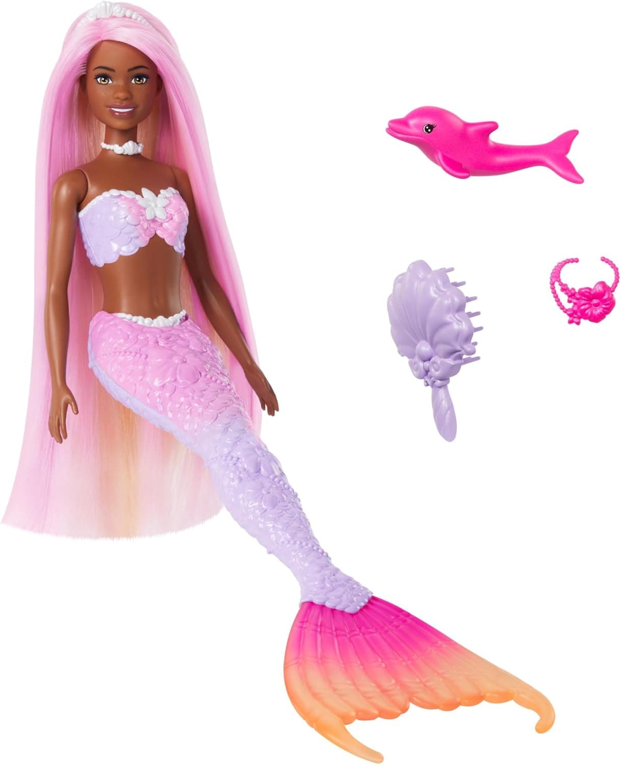 Barbie Boneca sereia Brooklyn que muda de cor com a água com acessórios de moda e golfinho, série um toque de magia, brinquedo + 3 anos (Mattel HRP98)