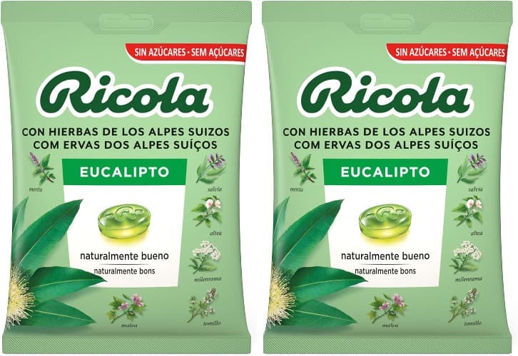 Ricola Eucalyptus | Rebuçados duros sem açúcar com óleos essenciais de eucalipto e 13 ervas suíças, bolsa 70 g