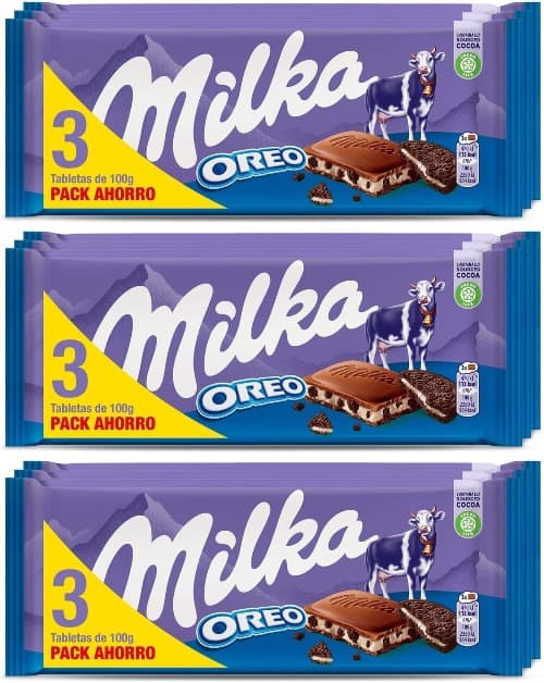 Milka Oreo Tablet de chocolate com leite dos Alpes com pedaços com bolacha ouro e enchimento de baunilha, pack poupança 3 x 100 g x 3