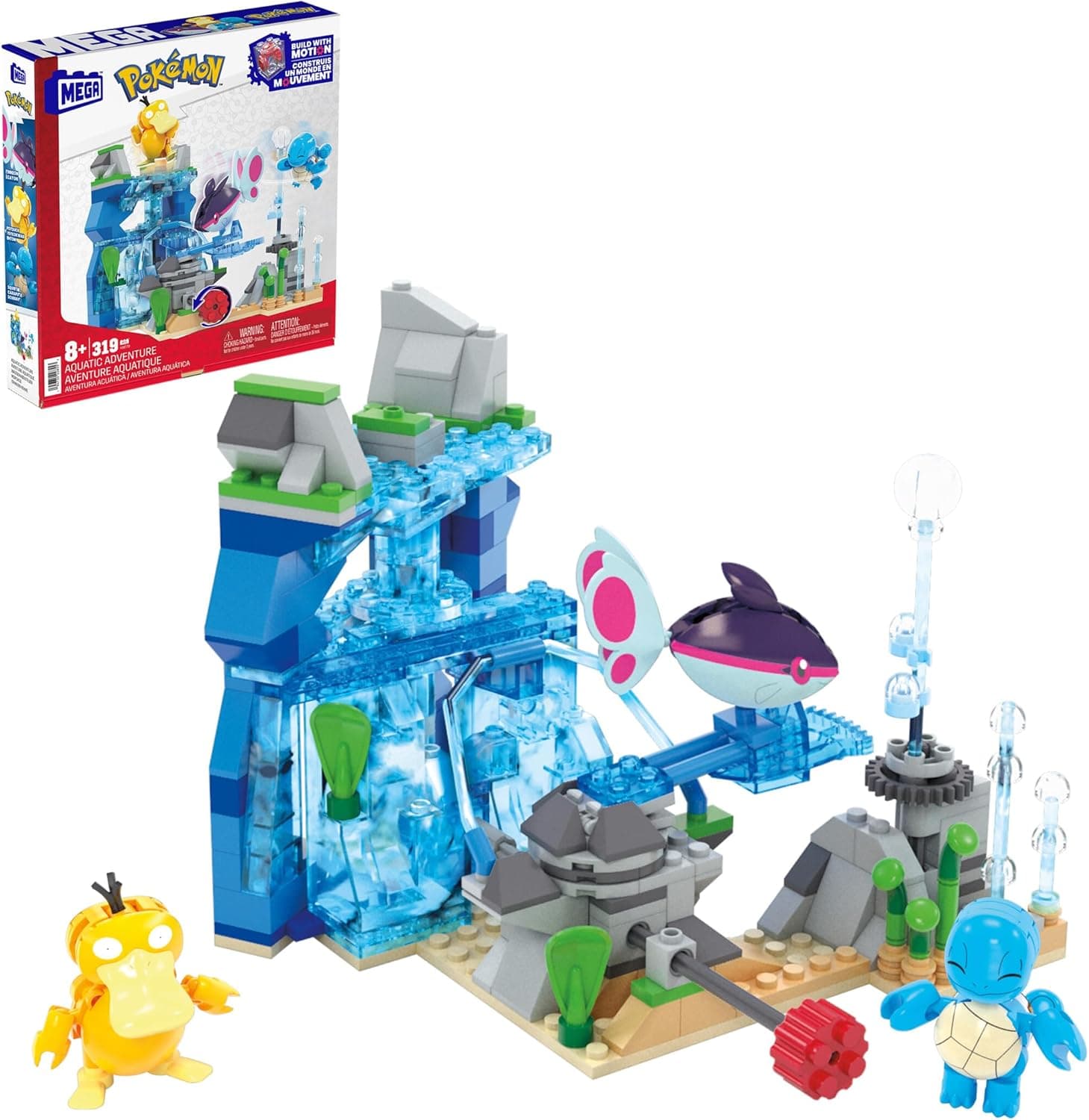 MEGA Pokémon aventura aquática, conjunto de blocos de construção com 3 figuras de personagens (Squirtle, Psyduck e Finneon), 319 peças, presente de brinquedo para meninos e meninas + 8 anos, HXF79