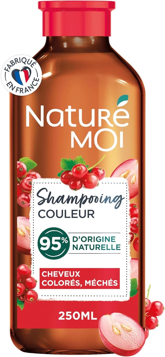 Naturé Moi, Shampoo cor, cuidados com o cabelo colorido e manchados - champô sem sulfato - groselha, óleo de semente de uva bio - 95% de origem natural - 250 ml 