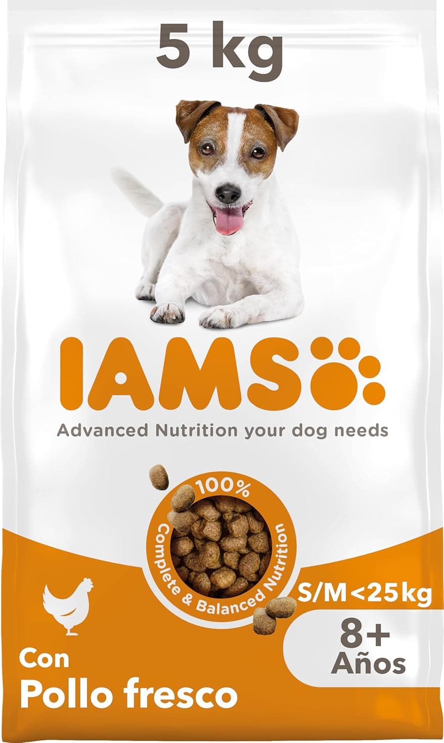 IAMS Alimento seco para cães de raças pequenas e médias com frango fresco, comida seca para cães com idade superior a 8 anos, 5 kg