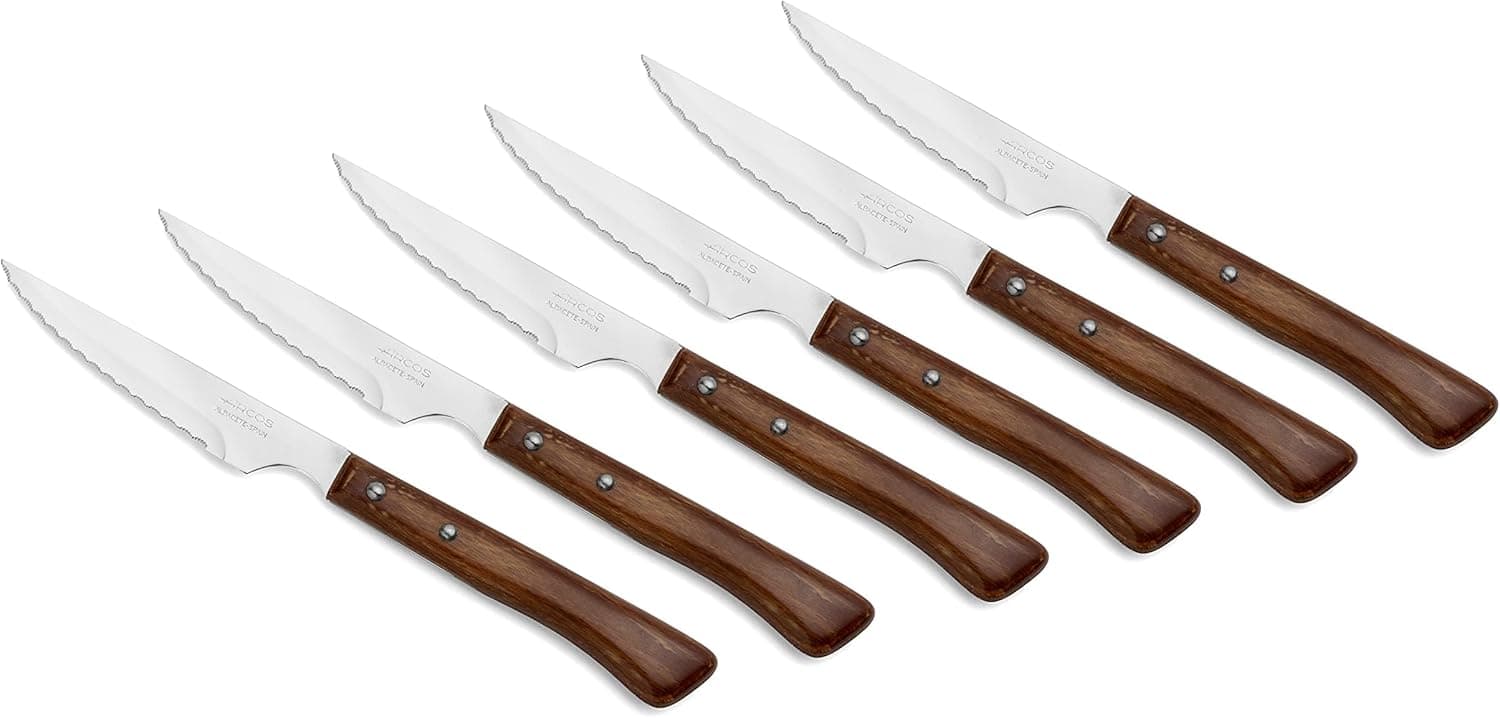 Arcos Conjunto 6 facas de carne. Embalagem facas com fio de pérola para cortar e filetar carne. Folhada em aço inoxidável e cabo em madeira