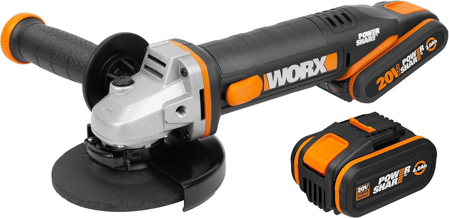 WORX | Amoladora de 125 mm 20 V | PowerShare | WX803 | Inclui 2 baterias 2 Ah e 4 Ah, bloqueio do fuso, interruptor lateral, sistema de ajuste rápido sem ferramentas, pega auxiliar
