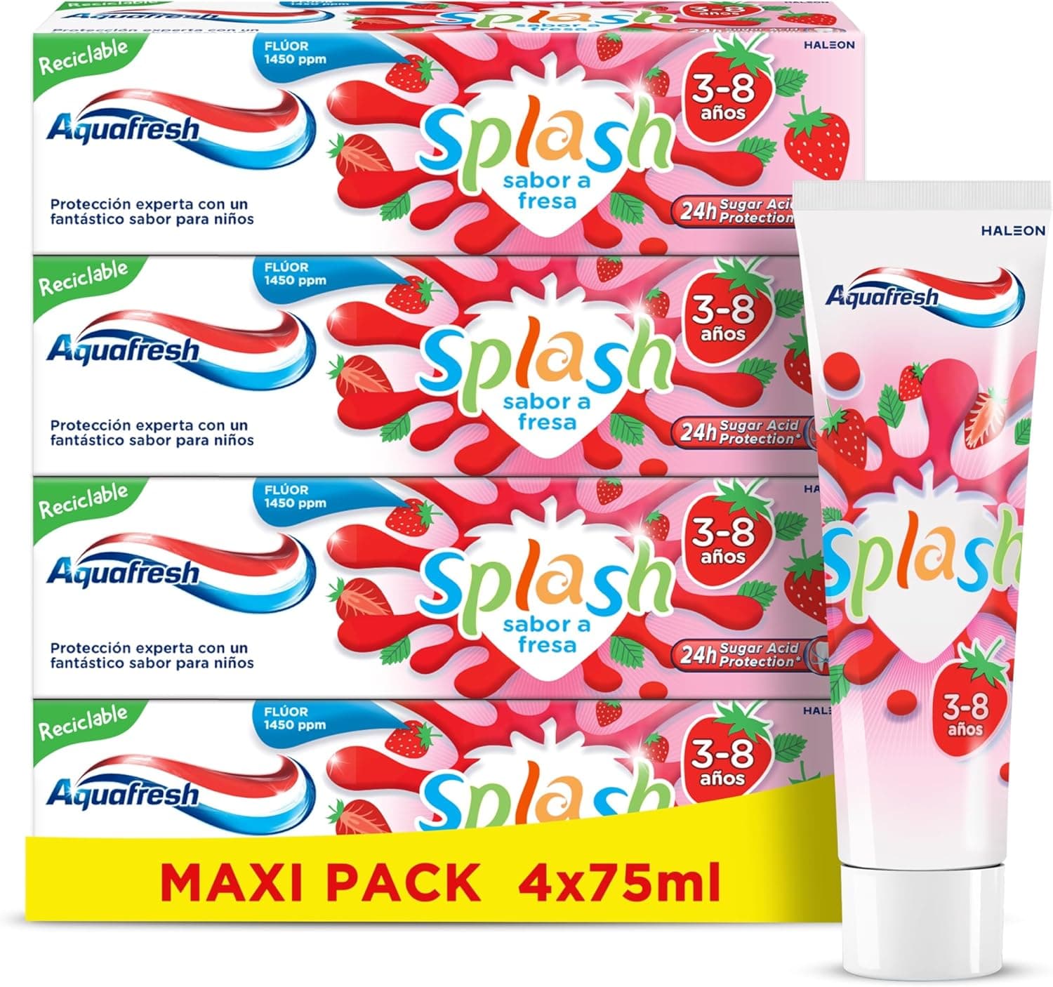 Aquafresh Splash pasta de dentes para crianças dos 3 aos 8 anos, sabor de morango com fluor, atua contra as cáries, pack 4 x 75 ml