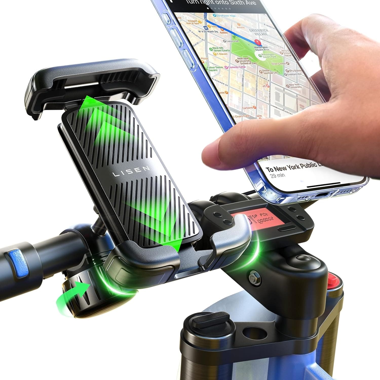 LISEN Suporte móvel de bicicleta elétrica/skate elétrico/scooter de motociclo, suporte GPS para motocicleta bicicleta de montanha 360° rotação, suporte Quad Lock bicicleta com iPhone 16 Pro 15 13