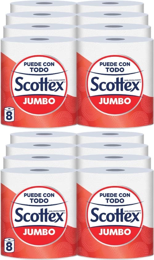 Scottex Jumbo Papel de Cozinha | Rolos extra longos com alta absorção, fibras FSC e recipiente reciclável para uso multiusos, 16 rolos