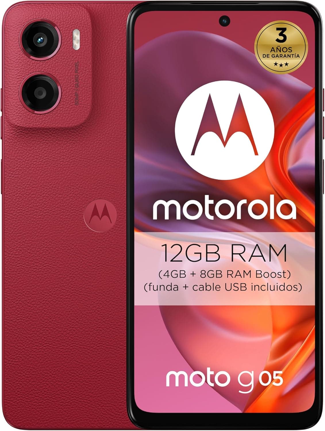 Moto g05 12 GB (4G+8 GB RAM Boost)/256 GB vermelho, Espanha, ecrã de 6,67", sistema de câmaras de 50 MP, modo retrato com IA, textura Soft Luxe, Corning Gorilla Glass 3, bateria 5200 mAh