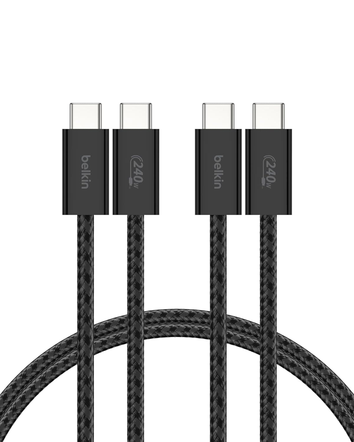 Belkin Embalagem de 2 cabos trançados USB-C para USB-C de 1,5 m (240 W), carregamento rápido, cabos de alimentação flexíveis USB tipo C para iPhone 16 e 15, Galaxy S25, Pixel 9, iPad Pro e outros