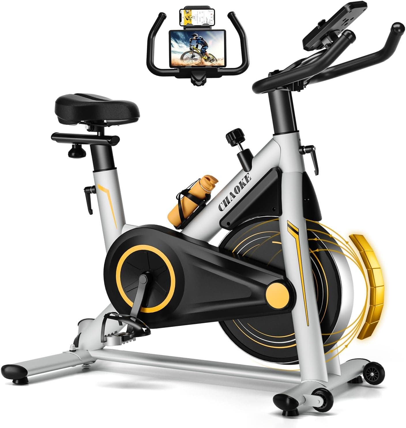 CHAOKE Bicicleta estática magnética com APP, bicicleta Spinning Fitness e Cardio em casa com ecrã LCD e porta-copos, silêncio 5DB, assentos confortáveis respiráveis, MAX 160 kg